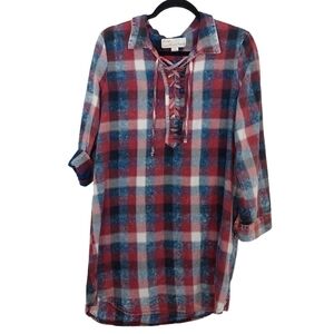 Vintage Havana Womens Long Sleeve Red Blue Plaid Drawstring Tie Shirt Dress Sz S